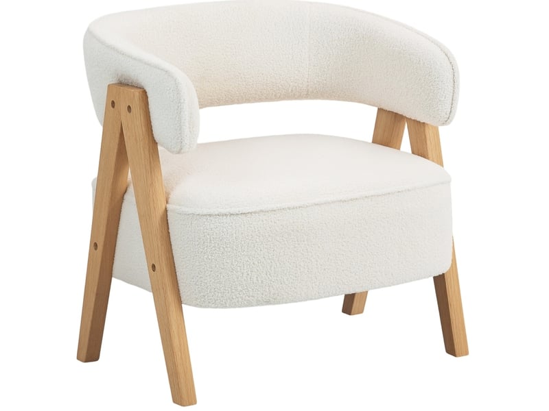  Fauteuil rembourré avec dossier incurvé et assise épaisse, pieds en bois et structure en métal, en polyester blanc  - Conforama A