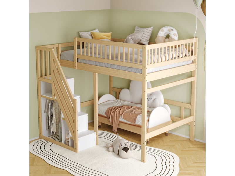  Lit surélevé enfant 140x200 cm en bois massif, escalier avec rangement, garde-corps haut, lit ado, couleur bois naturel  - Conforama D