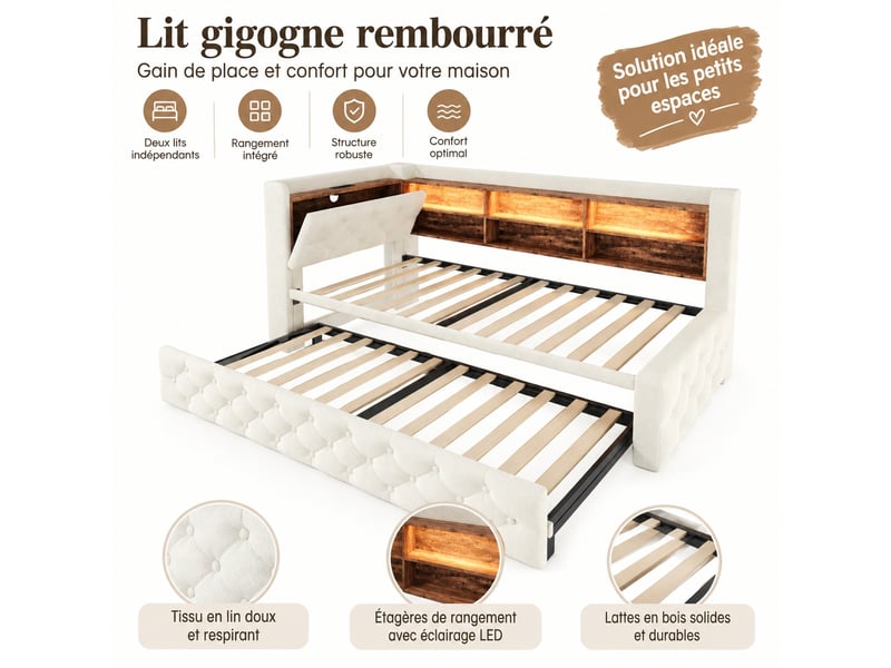  Canapé-lit extensible 90 x 190 cm avec rangement dans l’accoudoir, velours beige  - Conforama A