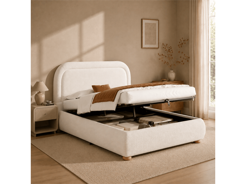  Lit coffre 160x200 cm blanc, tissu bouclé, sommier relevable hydraulique, tête de lit rembourrée, pieds en bois massif, sommier à lattes inclus  - Conforama B