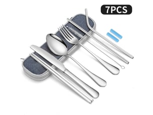 Ensemble de 7 pièces, couteau, fourchette, cuillère, baguettes, paille, ensemble de vaisselle portable en acier inoxydable argenté pour étudiants
