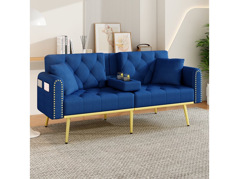  Canapé convertible 2 places bleu velours, structure bois massif et métal, design contemporain pour salon  - Conforama D