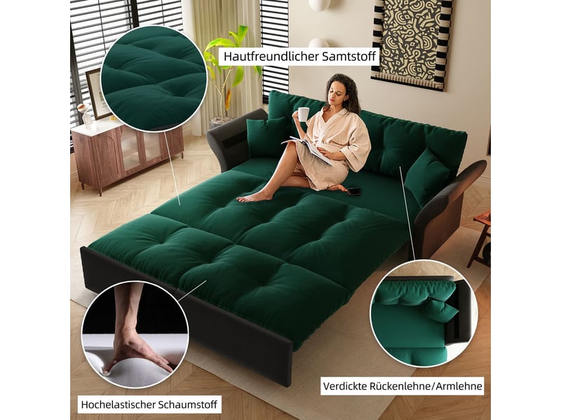  Canapé velours 190 cm 190 cm velours vert fonction convertible 3-en-1 fonction couchage capitonnage 2 coussins moelleux inclus  - Conforama E