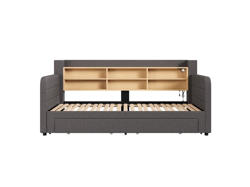  Lit de jour extensible, 90 x 200 cm, éclairage led, avec tiroirs, sans matelas, lin, gris  - Conforama E