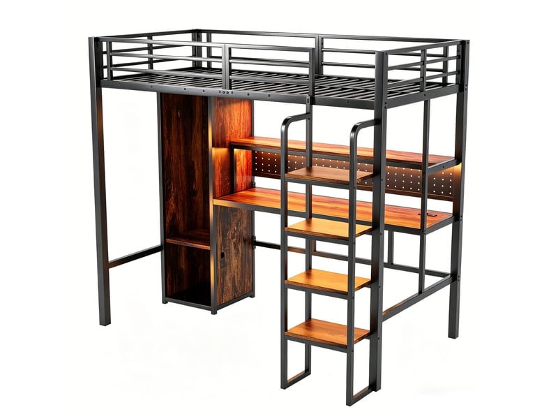  Lit mezzanine métal noir 90x200 cm, grand bureau, panneau perforé, armoire, étagère et led multicolore  - Conforama D