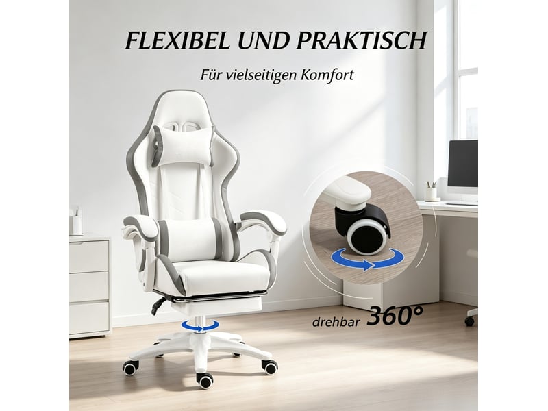  Chaise de bureau ergonomique inclinable à 135° avec repose-pieds, appui-tête et coussin lombaire, en polyuréthane blanc  - Conforama E