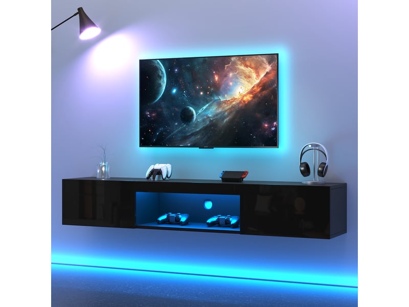  Meuble tv mural suspendu noir brillant avec led bluetooth - 160 cm pour téléviseur 70 pouces  - Conforama W