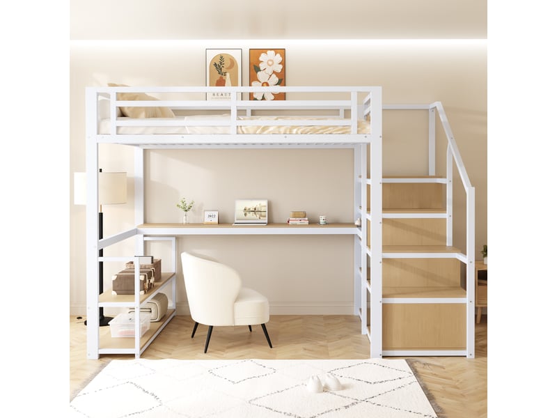 Lit mezzanine 140 x 200 cm avec escalier de rangement, étagères, bureau intégré et garde-corps, structure robuste en métal blanc evarich - Conforama E