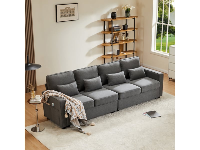  Canapé droit fixe 4 places en tissu gris foncé avec 4 coussins lombaires et poches de rangement latérales  - Conforama B