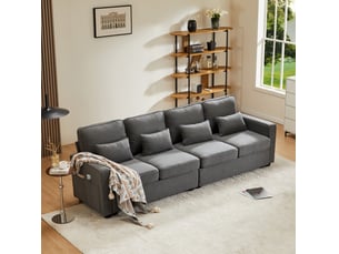 Canapé droit fixe 4 places en tissu gris foncé avec 4 coussins lombaires et poches de rangement latérales