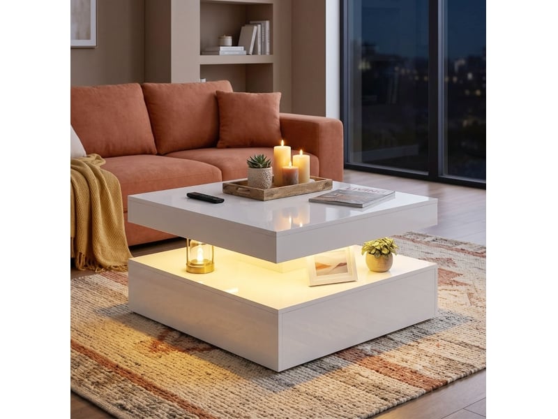  Table basse avec 2 niveaux et rangement ouvert, led avec télécommande, finition brillante, en panneau de fibres, blanc  - Conforama C