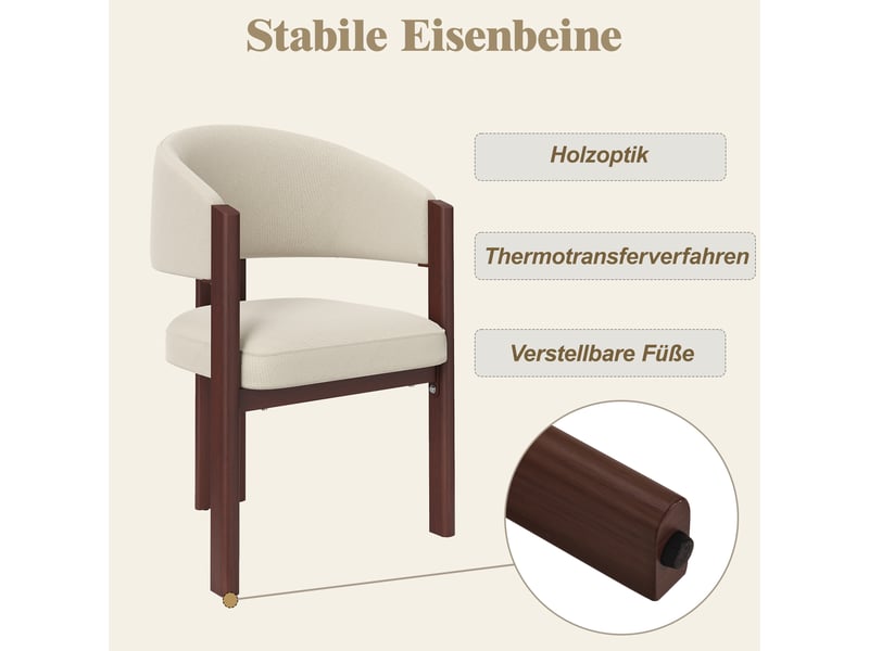  Lot de 2 chaises de salle à manger beige, dossier ergonomique rembourré, pieds métal effet noyer, patins réglables, charge 150 kg  - Conforama D