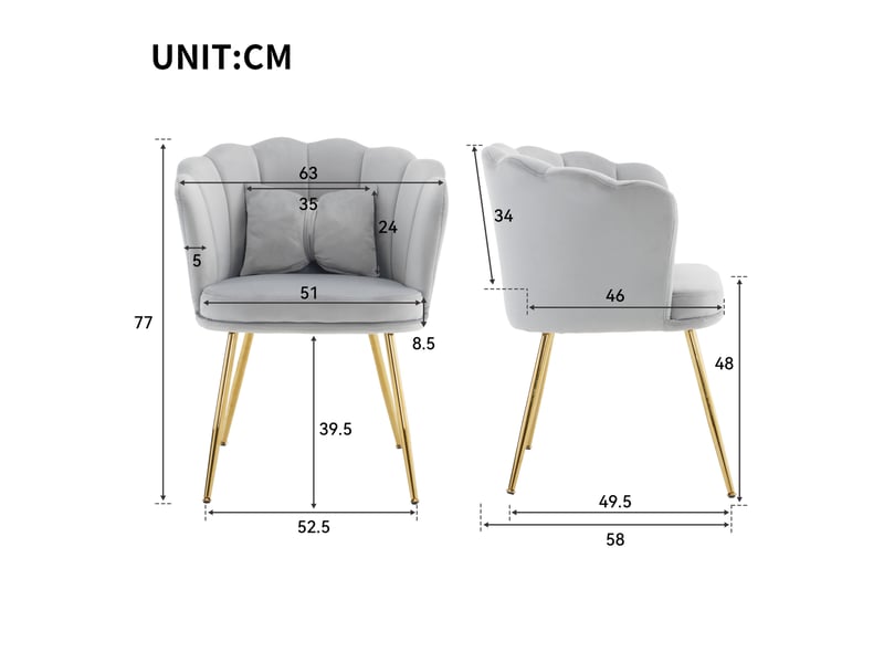  Fauteuils 58x63x77 cm lot de 2, dossier à pétales, pieds métal doré, coussins décoratifs, velours gris et confortable  - Conforama C