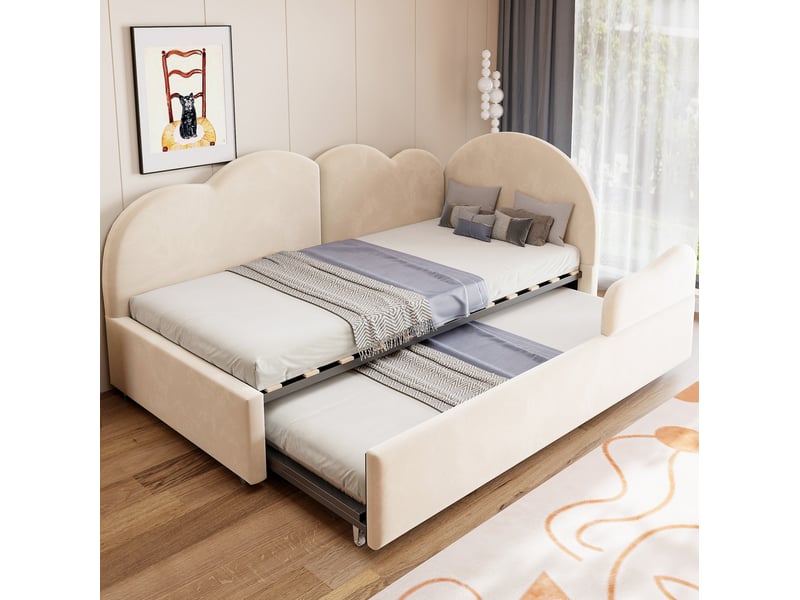  Lit gigogne 90x200+90x190 cm avec lit inférieur coulissant en velours beige  - Conforama B
