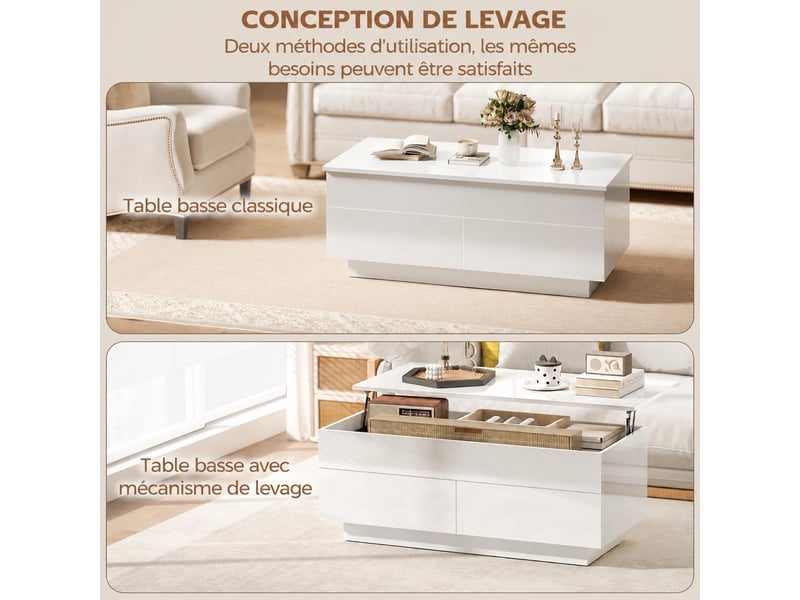  Table basse relevable, table de salon moderne, blanc laqué brillant avec rangement caché et tiroirs, 102x48 cm  - Conforama R
