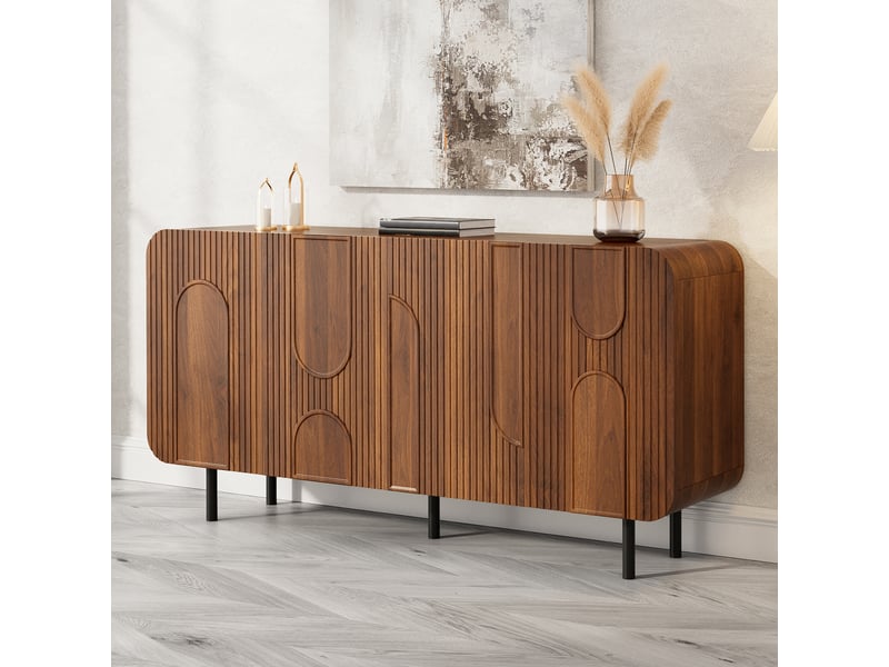  Buffet noyer 160 cm enfilade style mid-century 4 portes avec reliefs géométriques et pieds en métal  - Conforama D