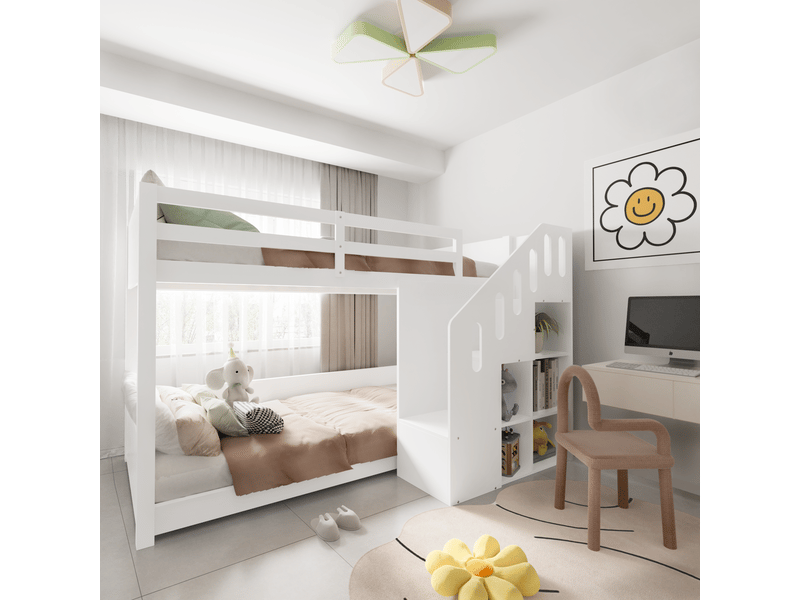  Lit superposé enfant 90 × 200 cm 2 places avec escalier de rangement et barrières, sans matelas, blanc  - Conforama E