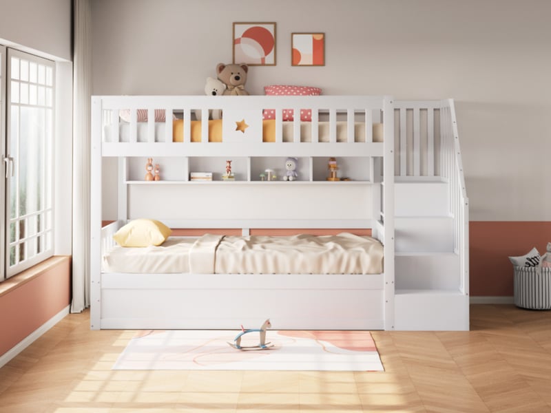  Lit superposé 90x200 cm,avec hydraulique sous le lit inférieur, escalier avec rangements et étagères, bois,blanc  - Conforama B