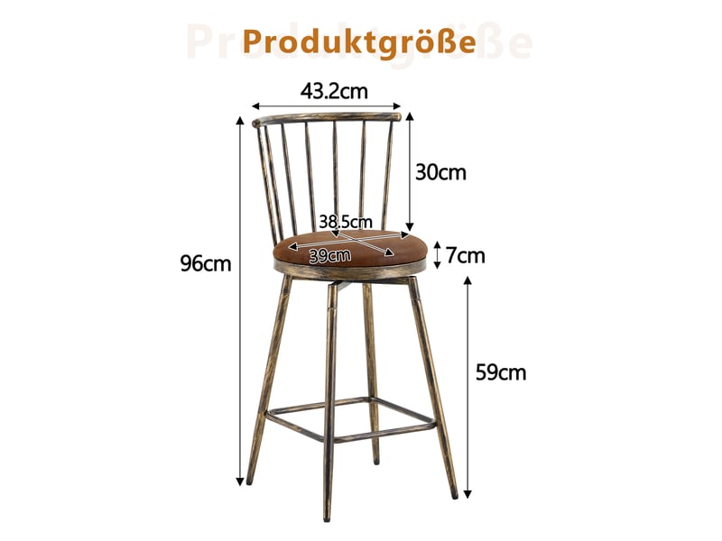  Tabouret de bar 39x39x96 cm, tabouret haut, style windsor et dossier à barreaux, structure en métal, couleur marron  - Conforama C