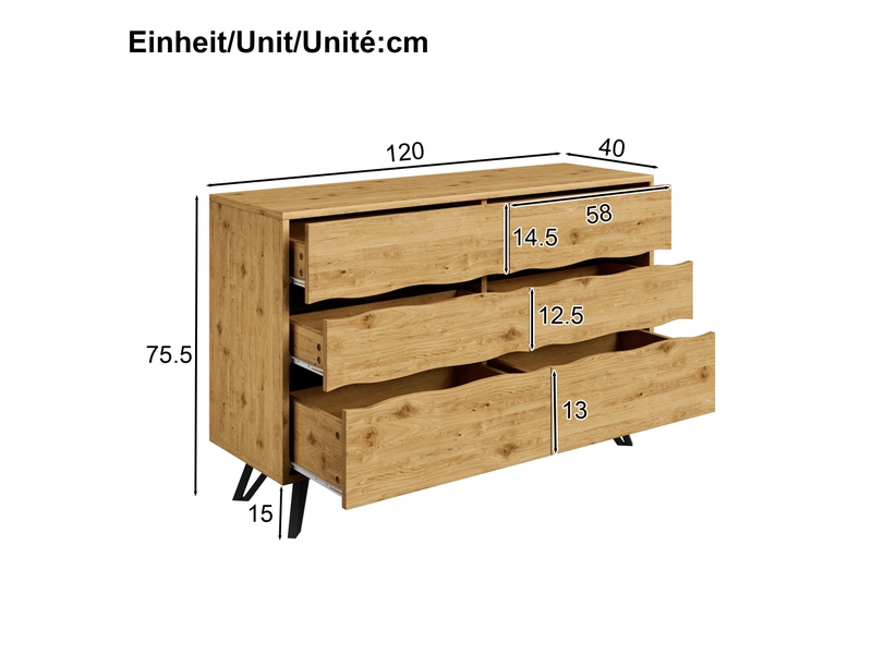  Buffet à 6 tiroirs 120x40x75.5 cm, pieds en métal noir, coloris naturel  - Conforama E