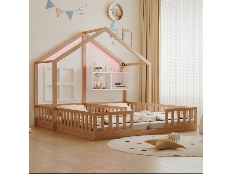  Lit cabane double enfant 90 x 200 cm x2, lit maison en bois naturel avec fenêtres, cheminée, led, étagère, barrières et sommiers à lattes  - Conforama D