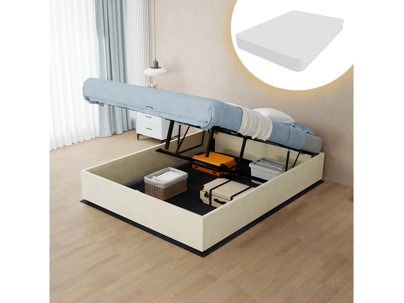  Sommier coffre 140x200 cm avec matelas, velours beige  - Conforama B