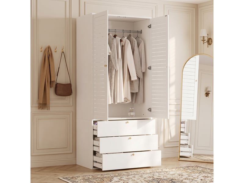Armoire,90x50x200 cm,2 portes et 3 tiroirs avec penderie,panneau de particules,blanc - Conforama B
