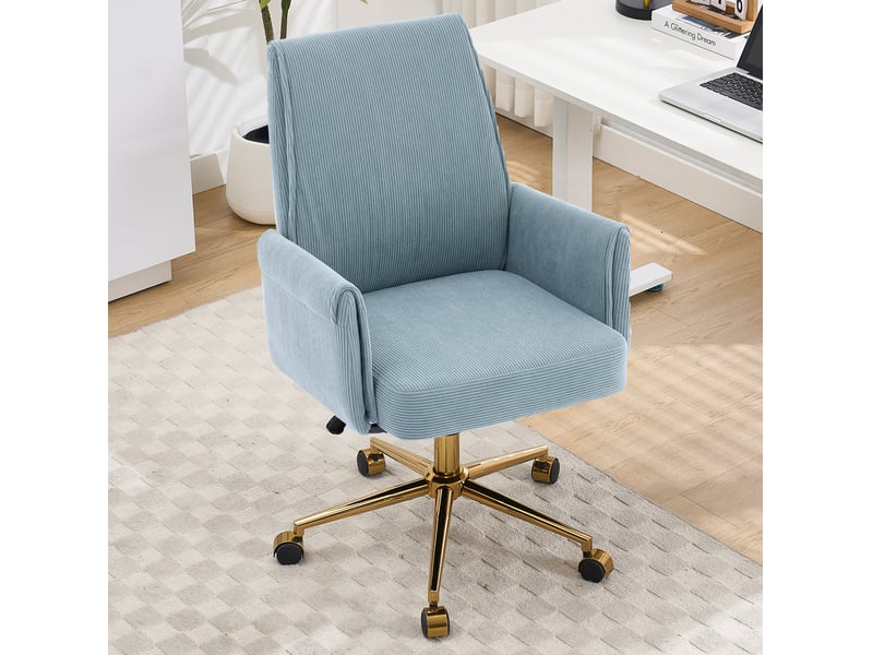  Fauteuil de bureau pivotant réglable en hauteur en velours côtelé bleu, base en métal doré, 65 x 63 x 107 cm  - Conforama C