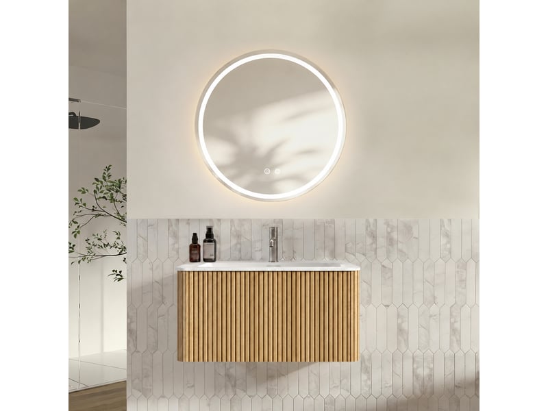  Ensemble meuble vasque suspendu 80 cm avec miroir rond led, finition chêne  - Conforama B