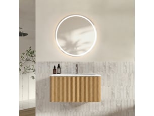 Ensemble meuble vasque suspendu 80 cm avec miroir rond led, finition chêne