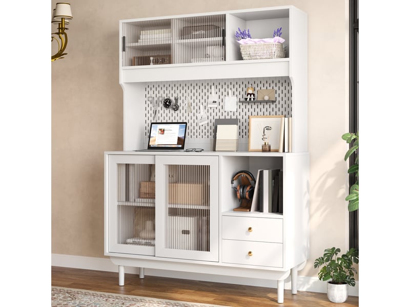  Buffet de cuisine - 170x120x45 cm - meuble de rangement avec portes coulissantes, panneau perforé, tiroirs et pieds en pin - blanc  - Conforama C