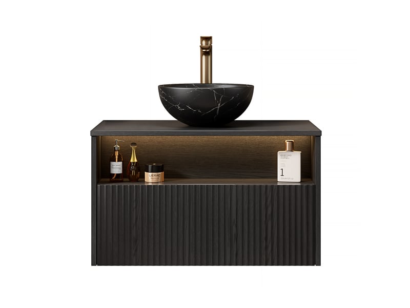 Meuble sous vasque suspendu 1 tiroir, niche, vasque en céramique et led pour salle de bain noir 80 × 46 × 60,8 cm - Conforama A