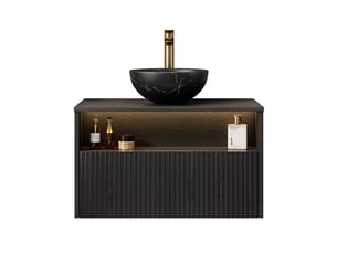 Meuble sous vasque suspendu 1 tiroir, niche, vasque en céramique et led pour salle de bain noir 80 × 46 × 60,8 cm