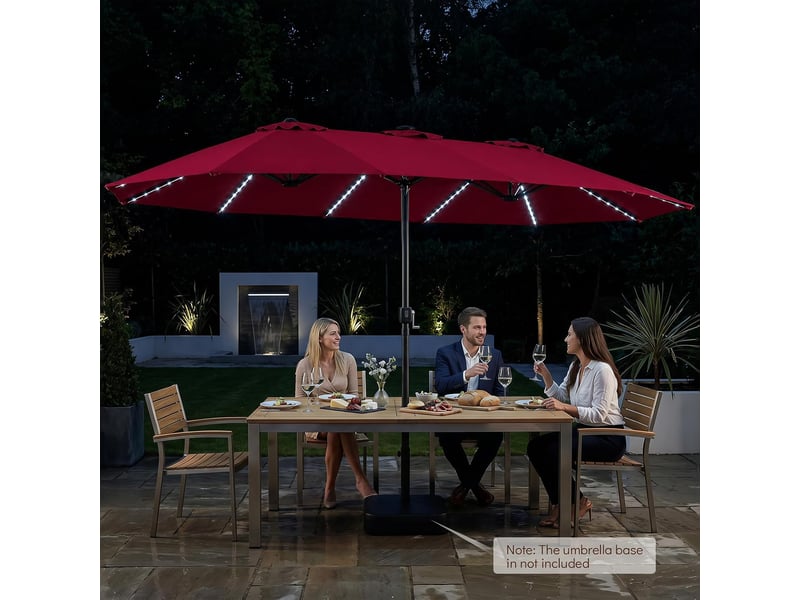  Parasol double à 12 baleines (rouge, 4,36 x 2,58 m, led, pied non inclus) | parasol rectangulaire avec manivelle, 144 led solaires, 12 modes  - Conforama C
