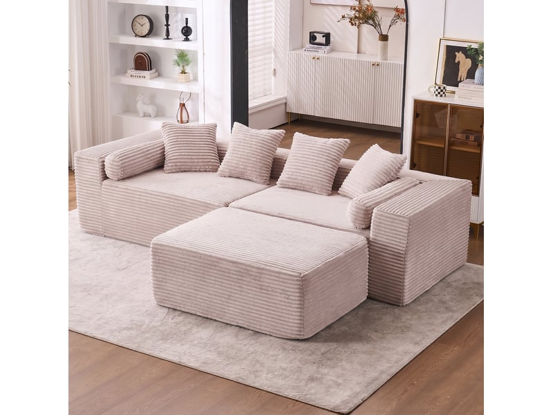  Canapé d'angle modulable en l 3 places avec méridienne beige en tissu chenille  - Conforama C