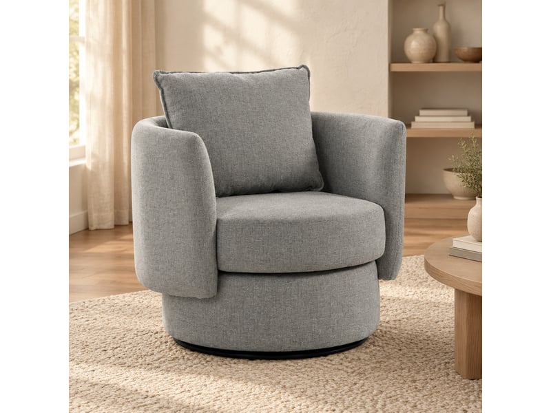  Fauteuil pivotant à 360 degrés avec coussin, assise à ressorts et base métallique, en polyester gris clair  - Conforama C