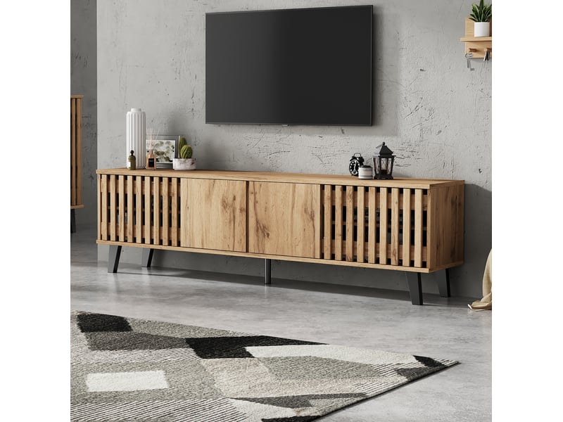  Meuble tv modenvie 180 x 40 x 55 cm avec 8 compartiments en panneaux de particules bois naturel  - Conforama E
