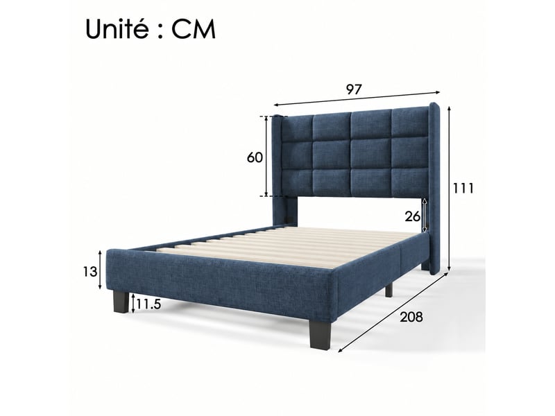 Lit rembourré 90x200 avec sommier, tête de lit haute, lin bleu  - Conforama C