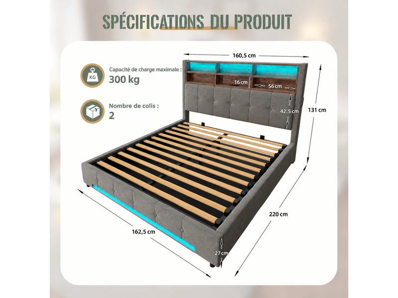  Lit coffre avec rangement,tête de lit 6 compartiments, led et usb-c, gris foncé, 160 x 200 cm  - Conforama C