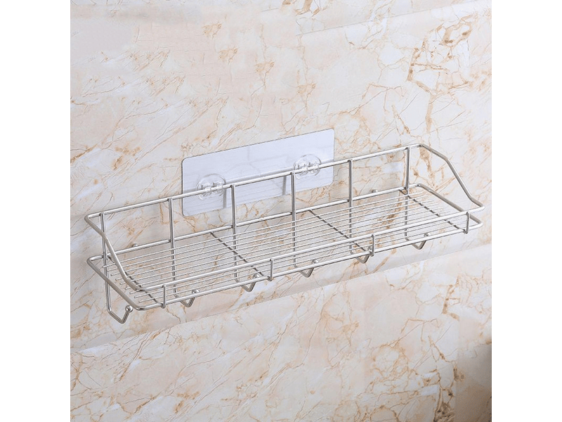  Étagère de rangement de salle de bain en acier inoxydable de grande capacité, étagère murale peu encombrante avec crochets rectangulaires  - Conforama C