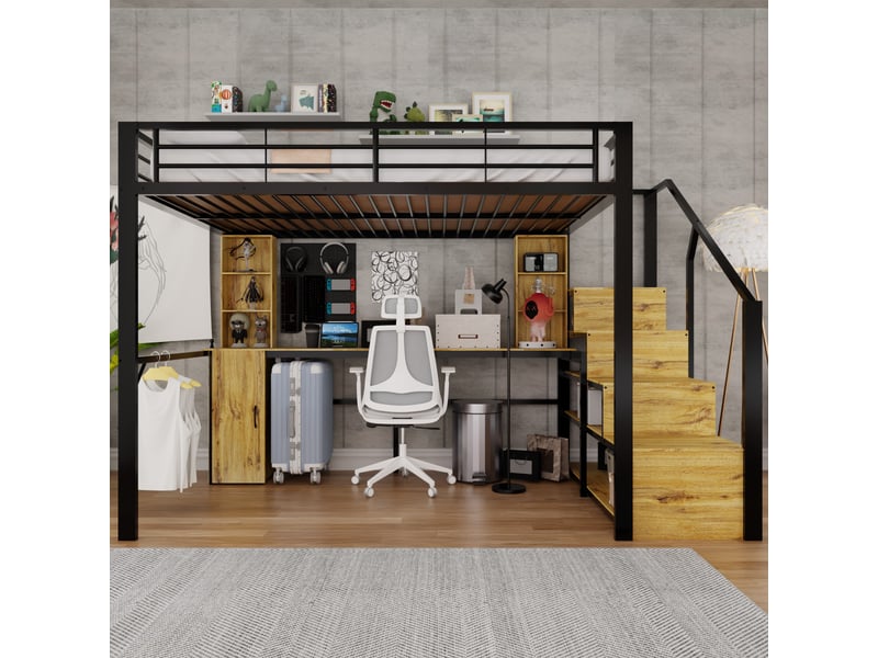  Lit mezzanine 2 places 140×200 cm avec bureau, rangement, usb et escalier - okmyhome- noir, sans matelas  - Conforama C