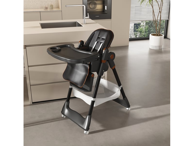  Chaise haute bébé pliable réglable avec harnais 5 points, roulettes verrouillables, en polypropylène noir  - Conforama C