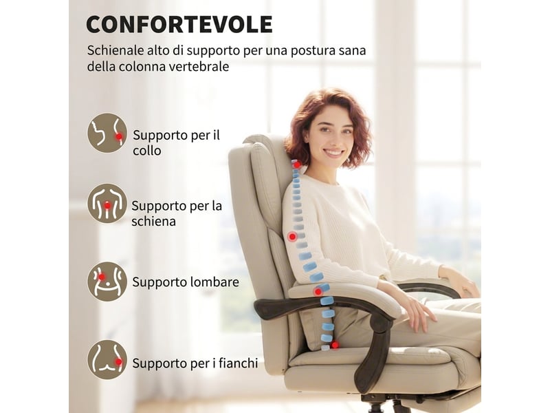  Fauteuil de bureau inclinable en similicuir avec repose-pieds et roulettes, 65 x 67 x 111-119 cm, beige  - Conforama E