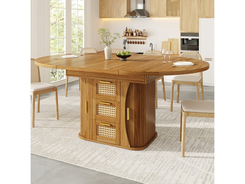  Table de salle à manger extensible 118-158x118x77,1 cm avec rangement intégré, tiroirs rotin et finition bois, mdf, marron Sol Morn - Conforama B