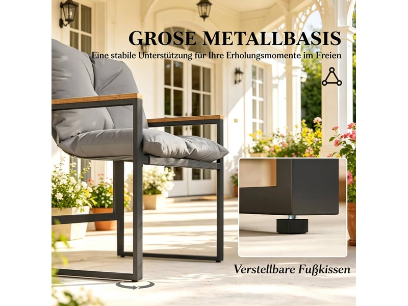 Ensemble terrasse 2 fauteuils 64x62x68 cm – noir et gris – table en verre trempé, 2 coussins inclus - Conforama E