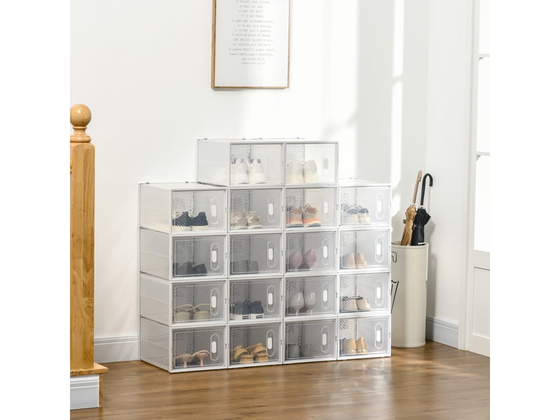 Rangement chaussures 18 pièces, boîtes empilables jusqu'à pointure 45, portes magnétiques, plastique, 28x36x21 cm.  - Conforama D