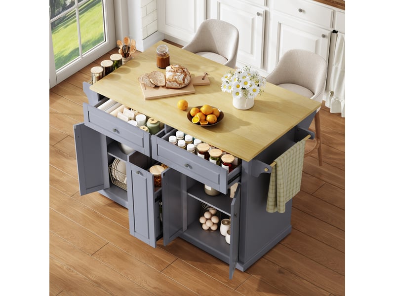 Desserte de cuisine avec plateau rabattable, 4 tiroirs, roulettes à frein, naturel et gris 121 × 69 × 89 cm - Conforama E