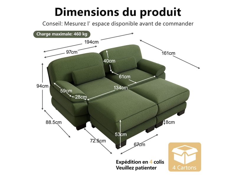 Canapé droit modulable 194 cm 2 places avec 2 poufs, design carré épuré, base et accoudoirs à matelassage en canaux, velours côtelé, vert - Conforama D