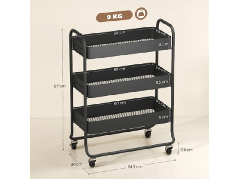  Desserte de cuisine en métal, chariot à roulettes noir, 3 paniers. Sans matelas.  - Conforama B