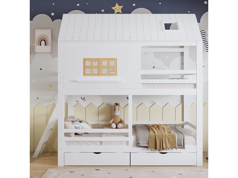  Lit superposé enfant 200×90 cm avec toit, fenêtres et 2 tiroirs, sans matelas, en pin et mdf blanc et naturel  - Conforama C